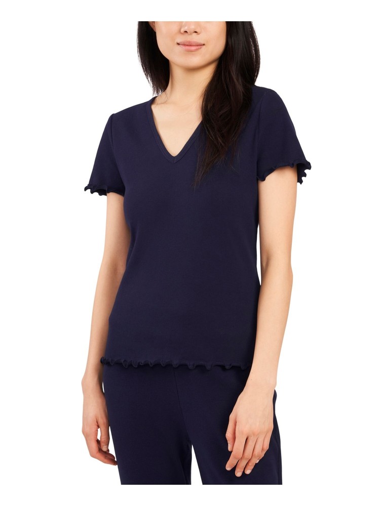 RILEY&RAE Womens Navy Lettuce Edge Cuffs And Hem Short Sleeve V Neck Top M