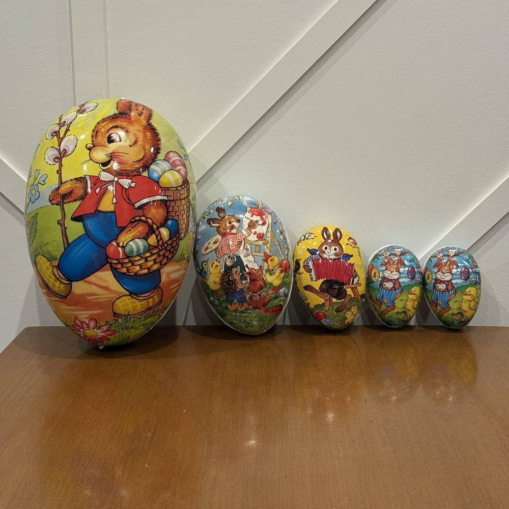 Vintage German Paper Mache Easter Eggs Nesting Candy Containers Lot Of 5 Bunny