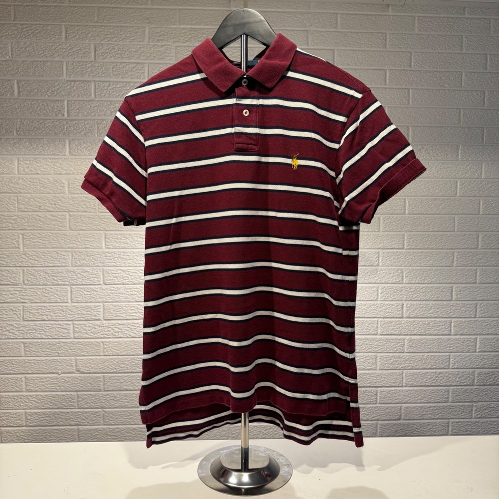Polo Ralph Lauren Striped Polo Shirt Classic Fit Burgundy White Logo L