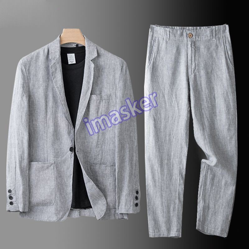 Men's Linen Suit Summer Causal New Blazer+Pant Set Coat Beach Jacket Lapel 2PCS