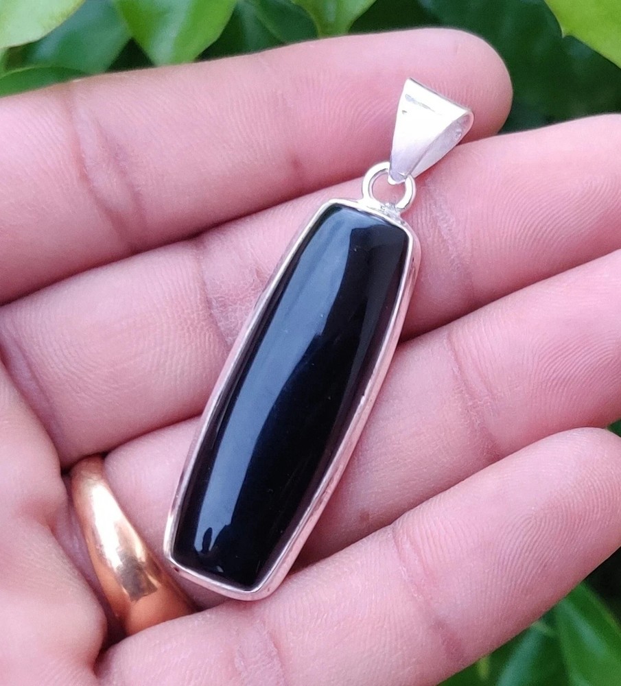 Natural Black Onyx Emerald Cut Sterling Silver Handmade Pendant Certified Gems