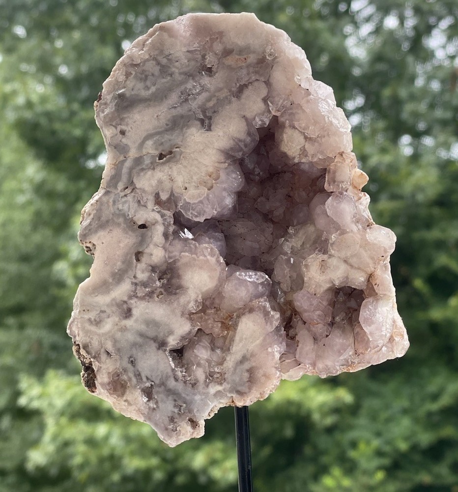 Pink Amethyst Geode Slab on Stand with Rose Quartz Crystal 487g Natural Stone Display