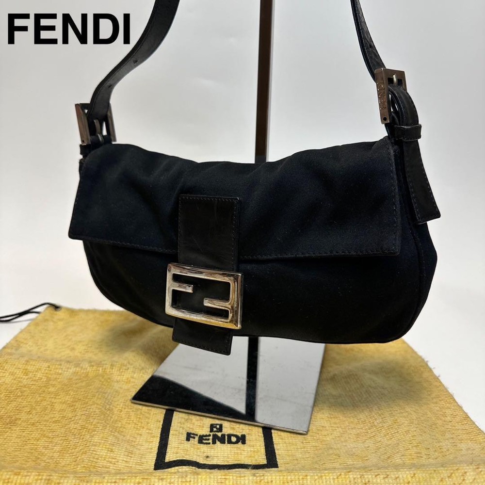 Fendi Black Cotton Canvas Mamma Baguette Shoulder Bag Everyday Designer Handbag