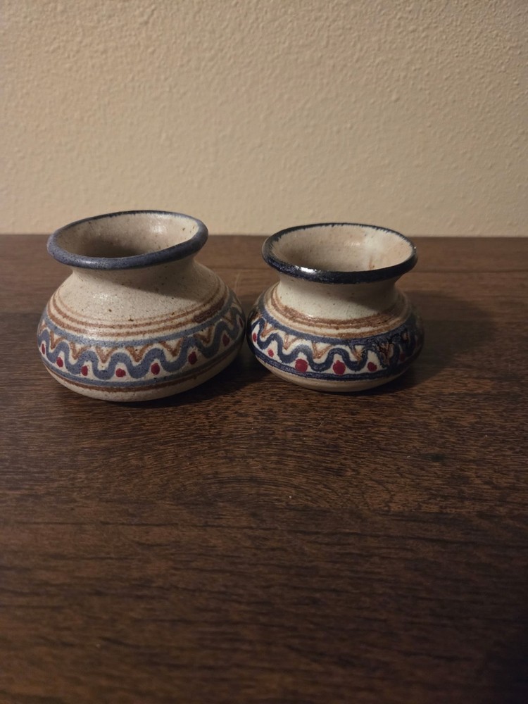 Vintage Hand Thrown Pottery Bud Vase Pair Signed Studio Art Pottery Blue & Red