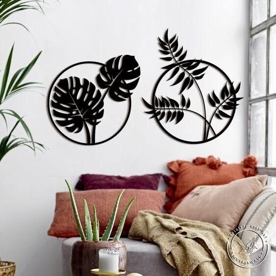 Matte Black Leaf Round Metal Wall Art for Home Decor