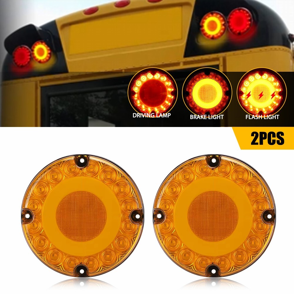 2PCS 7-Inch Amber Round LED Trailer Truck Bus Tail Lights with Stop Turn Signal and DRL
