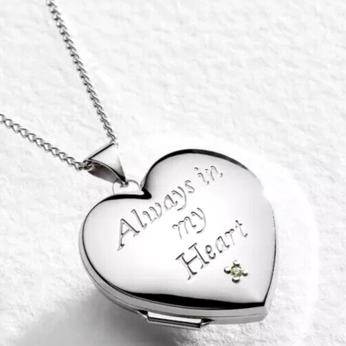 HEART PENDANT - ALWAYS IN MY HEART MOON & BACK DIAMOND PHOTO LOCKET BEAUTIFUL