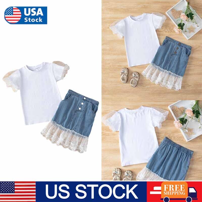 2PCS Newborn Baby Girl Clothes Lace T Shirt Tops Denim Skirt Summer Outfits Sets