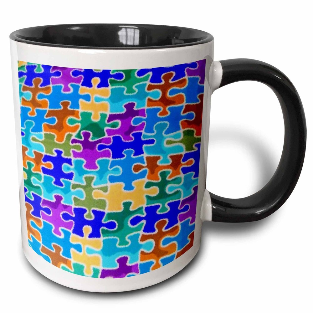 3dRose Blue Violet Green Yellow Puzzle Pieces Two Tone Black Mug 11oz