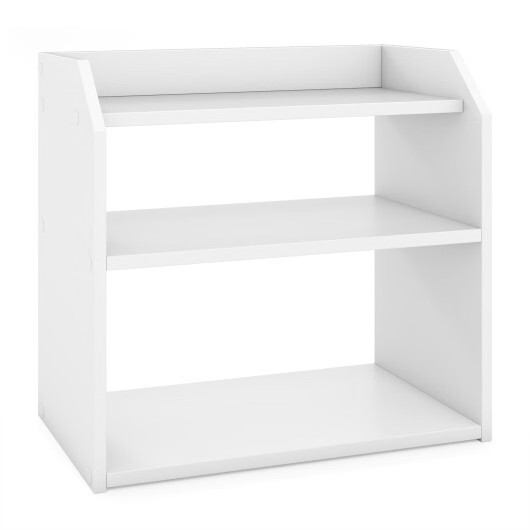 3-Tier Desktop Bookshelf Wooden Countertop Bookcase with Raised Top Guardrails-W