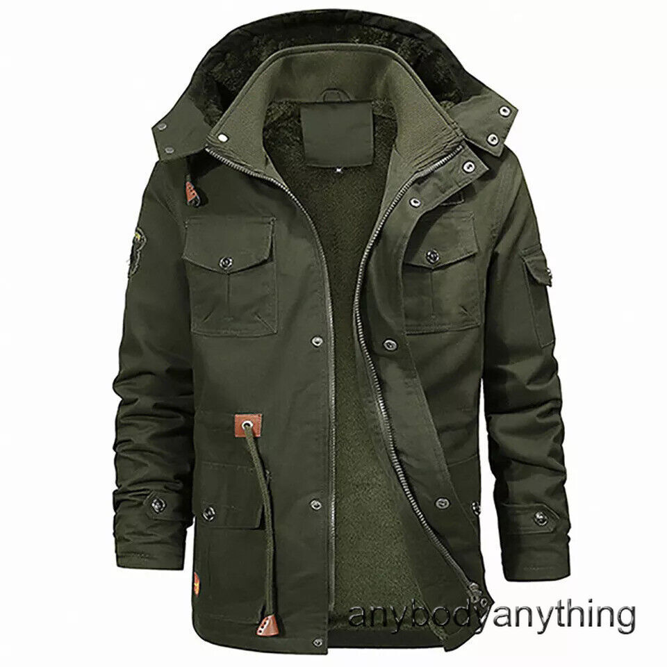 New Mens Winter Thick Hooded Fur Lined Jacket Zipper Warm Military Parka Coat