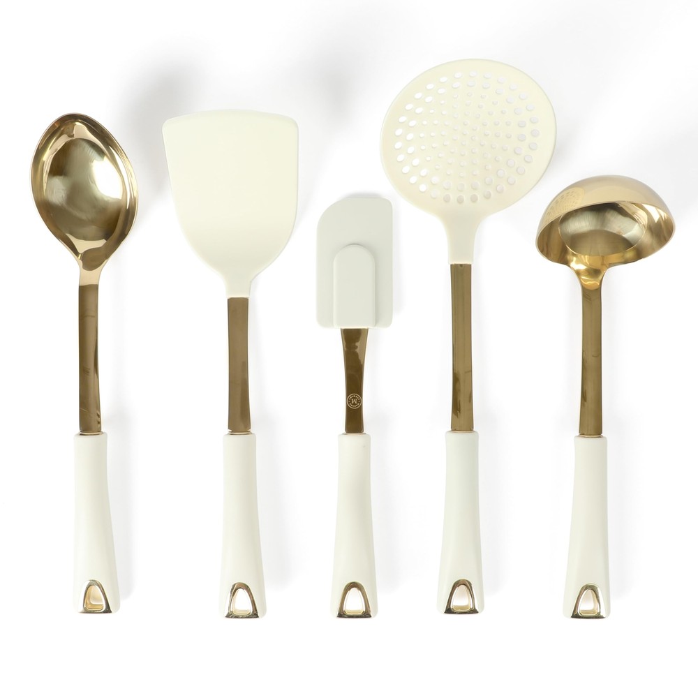 Lockton 5-Piece Stainless Steel & Nylon Kitchen Tool Set - Linen w/Gold