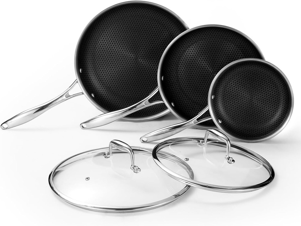 DELUXE Hybrid Nonstick Fry Pan Set 5-Piece 8, 10 & 12-Inch Frying Pans & 2 Lids