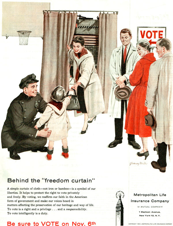 Election Voting Booth GURNEY MILLER Met Life Insurance FREEDOM CURTAIN 1956 Ad