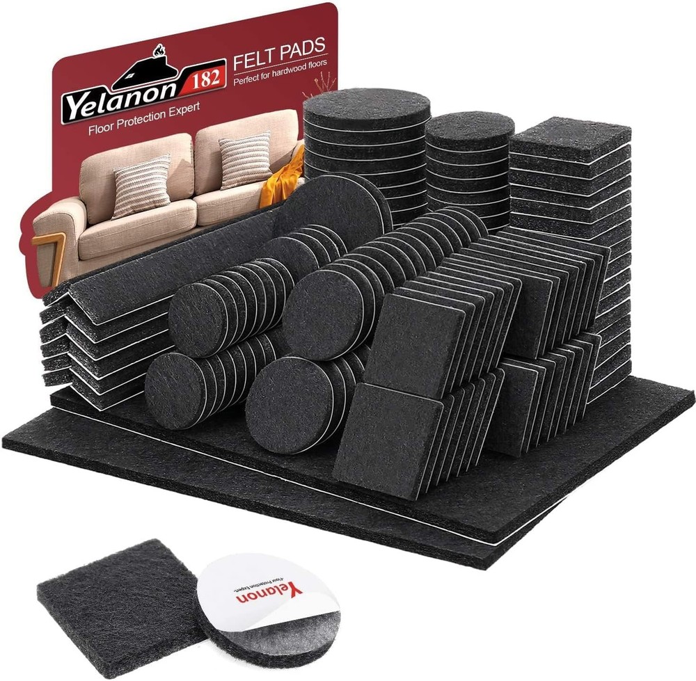 Yelanon Felt Furniture Pads -182 Pcs Premium 182 pcs Mixed Black, Black