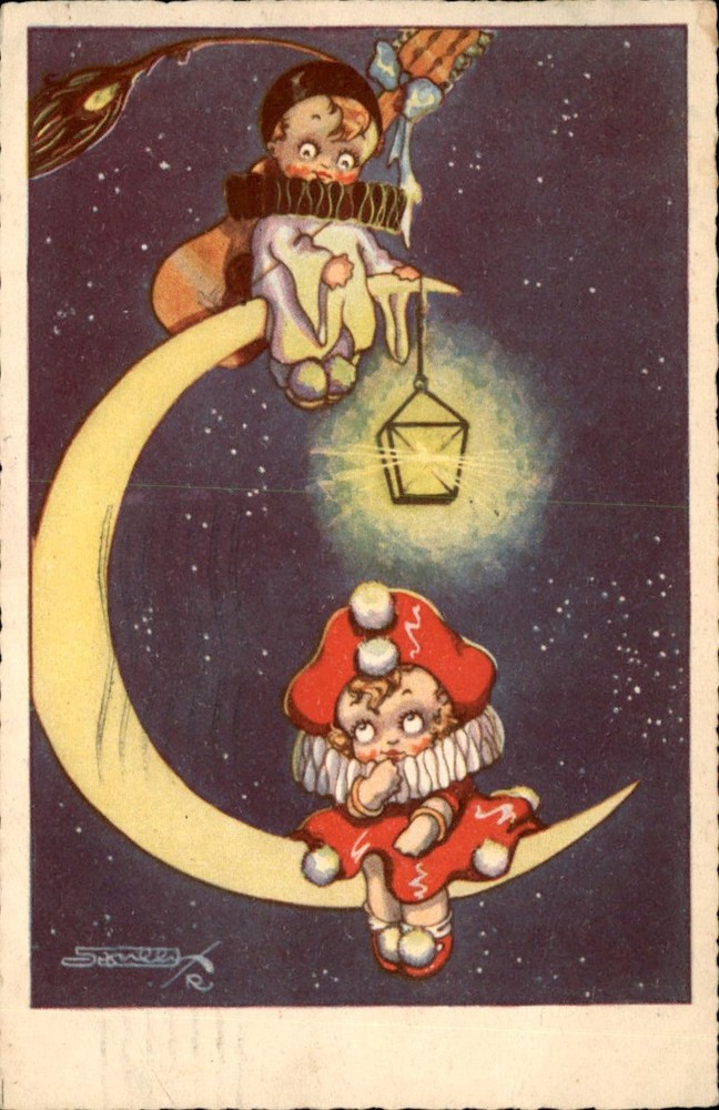 Little Pierrot Clowns Sit on Crescent Moon Lantern c1900-20s Vintage Postcard