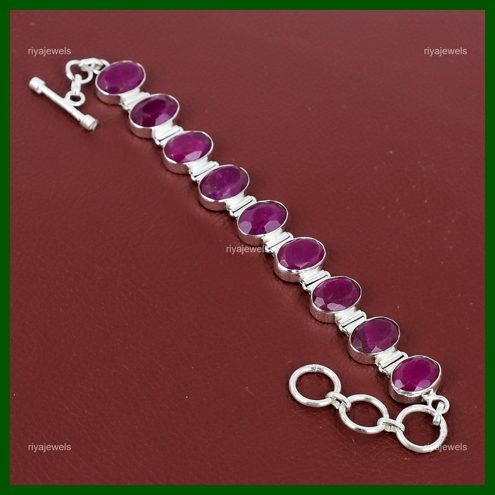 Mother's Day Oval Kashmir Ruby Stone 925 Sterling Silver Boho Bracelet Jewelry-image