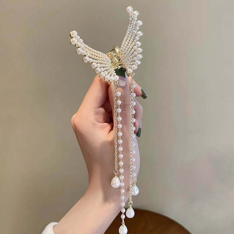 Exquisite Rhinestone Butterfly Tassel Hair Claw Korean Style Pearl Hair Clip