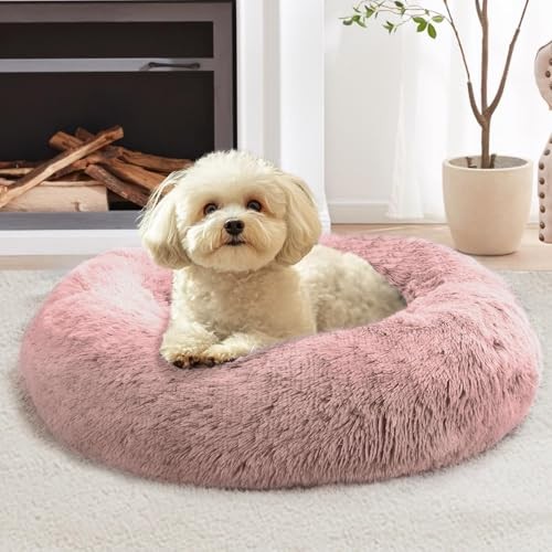 Fluffy Calming Donut Bed for Medium Dogs, Anti-Anxiety & Washable Comfort