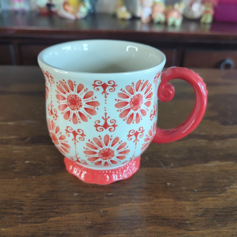 Pioneer Woman 19oz Stoneware Coffee Cup Pot Belly Mug Red Floral Burst Footed