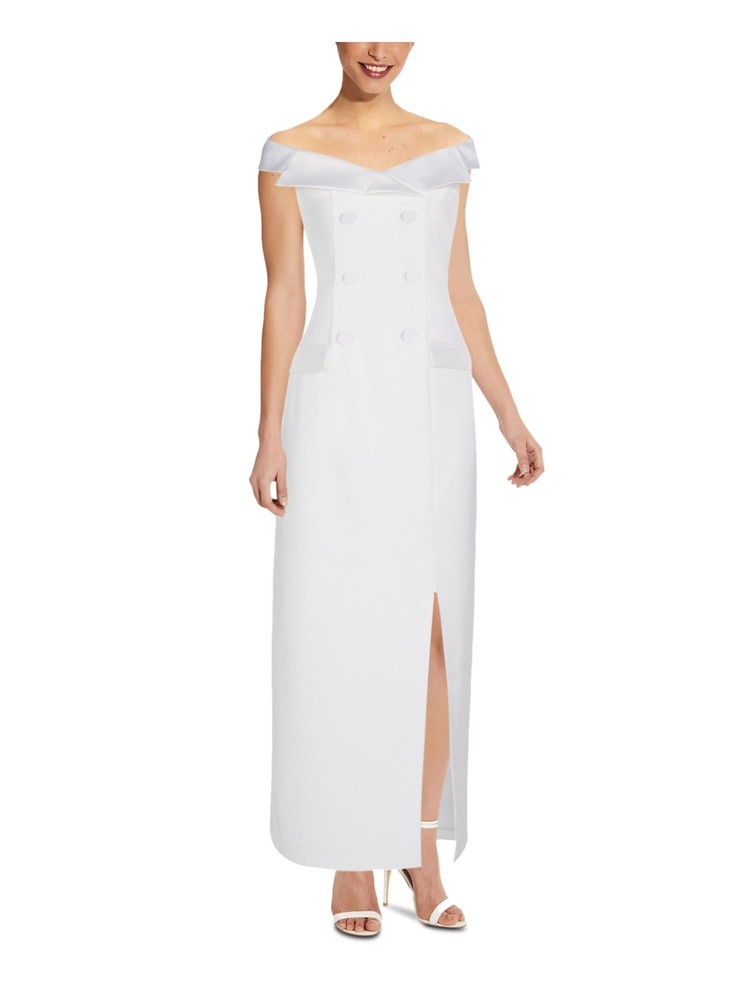 ADRIANNA PAPELL Womens White Tuxedo Off Shoulder Maxi Evening Sheath Dress 2
