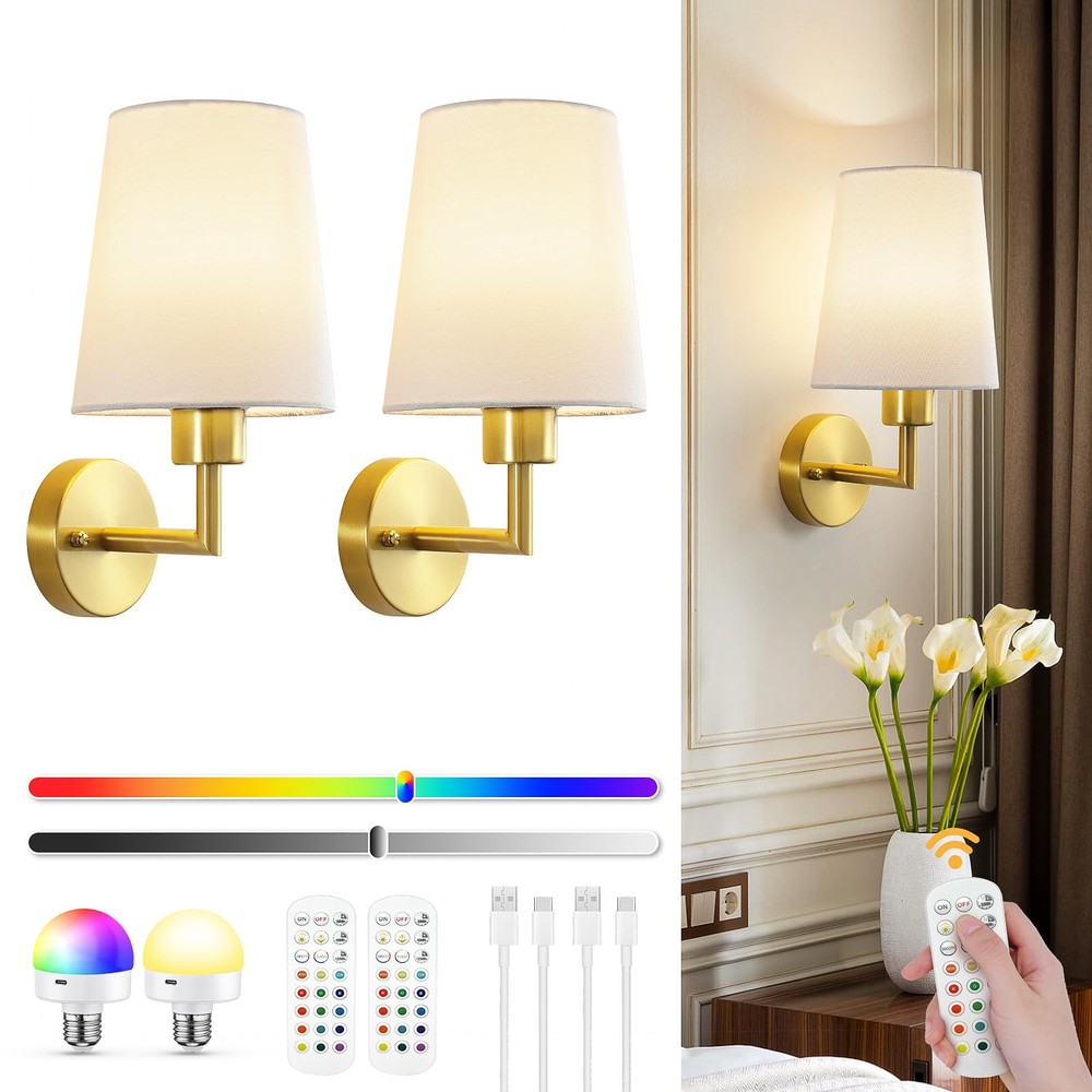 Battery Operated Wall Sconce Set of Two, Wireless Rechargeable Wall Sconce Li...