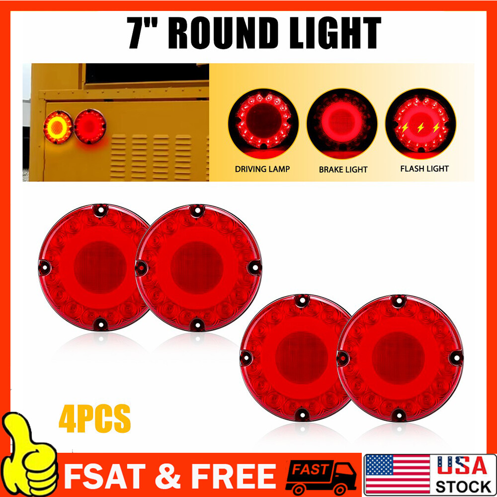 4-Piece Red 7-Inch Round LED Trailer Tail Lights with Stop, Turn, DRL, and Brake Functions