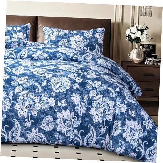 Sophia Willam 3-Piece King Blue Floral Cotton Comforter Set