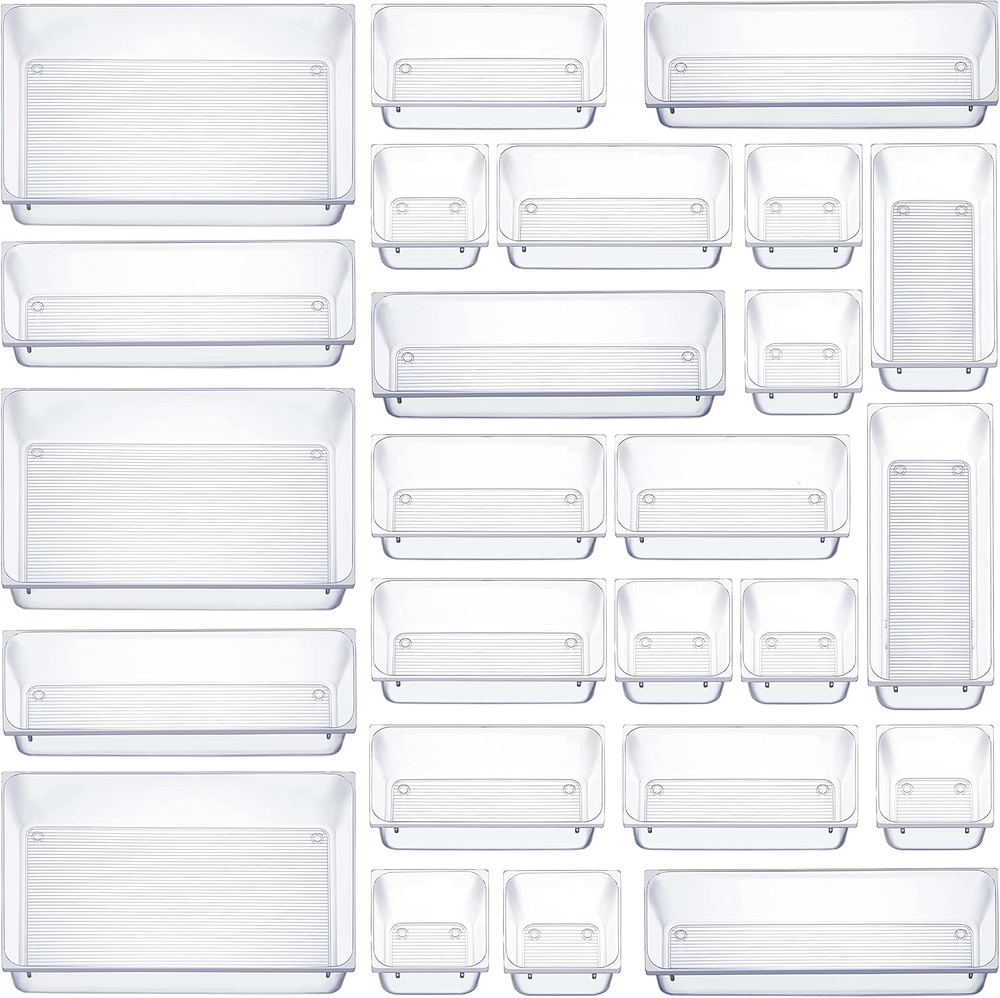 25 PCS Clear Plastic Drawer Organizers Set, 4-Size Versatile Bathroom and Vanity