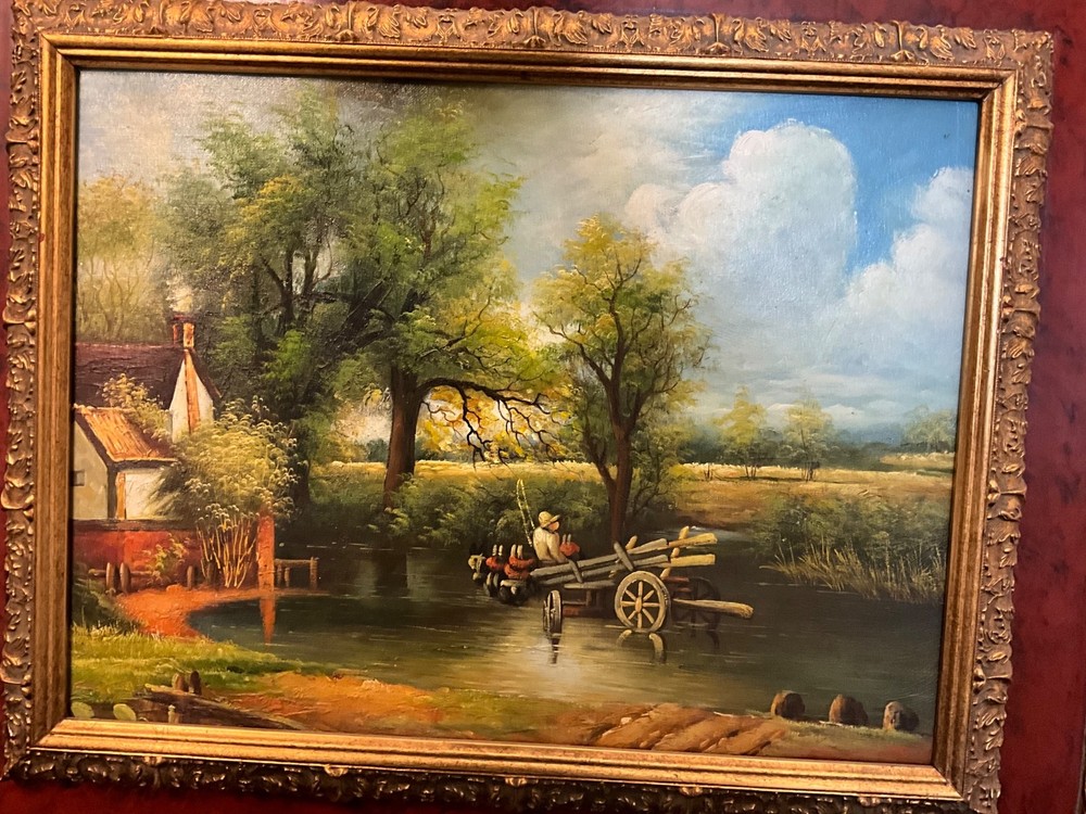 ORIGINAL OIL PAINTING of a boy fishing, outdoor pond.  22.5” x 18.5”