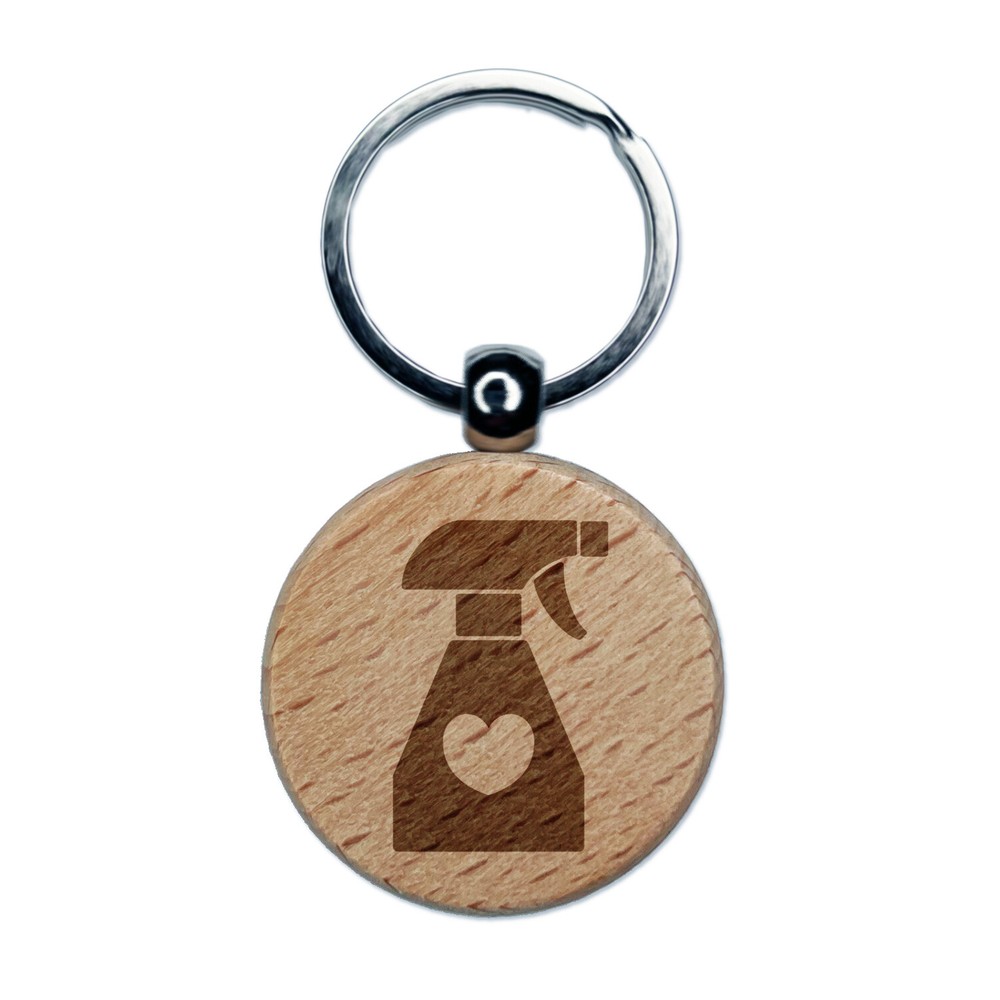 Heart-Engraved Wood Keychain with Spray Bottle Silhouette Charm