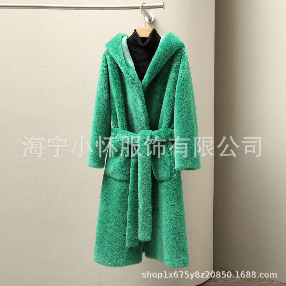 Women's 100% Sheep Fur Belted Hooded Long Wool Coat Warm Shearling Parka Jacket