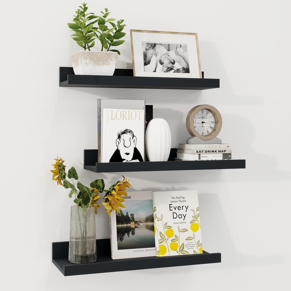3 PCS Black 16 Inch Floating Shelves Rustic Wood Wall Picture Ledge Display