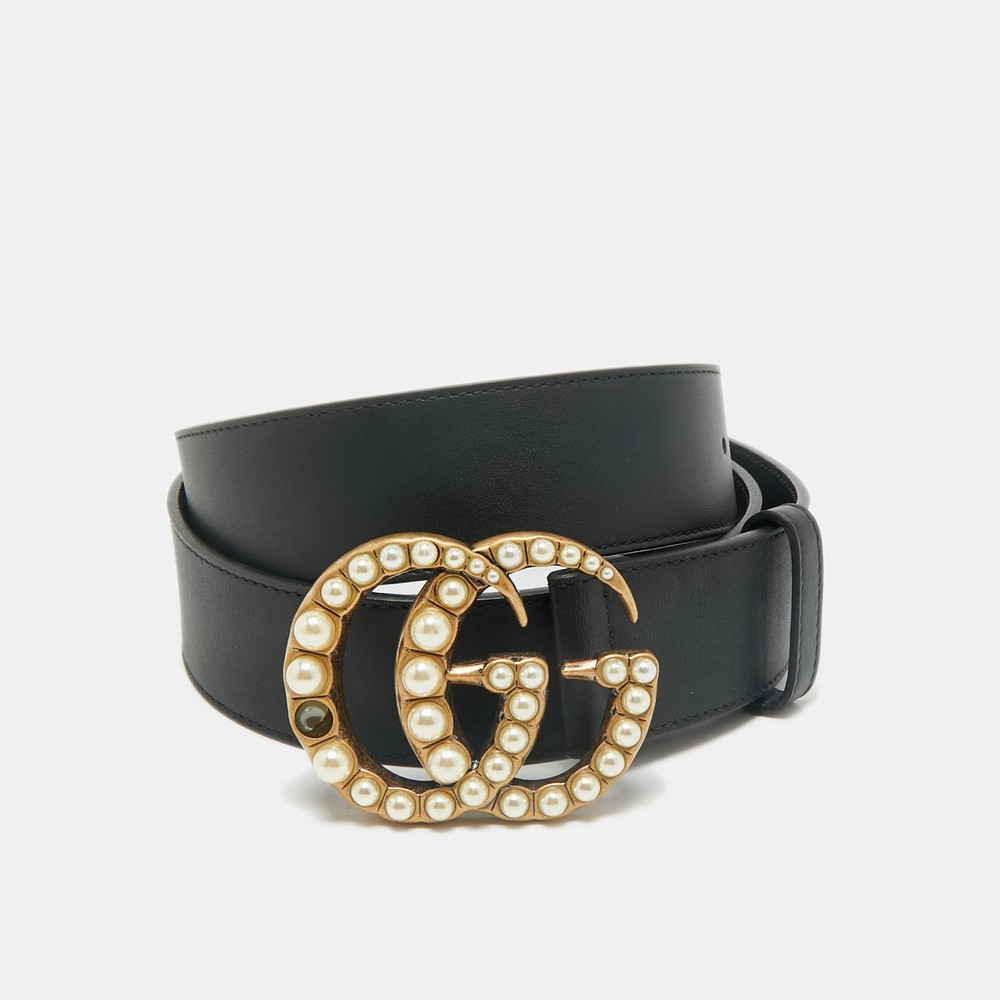 Gucci GG Marmont Black Leather Belt with Pearl Buckle 110cm