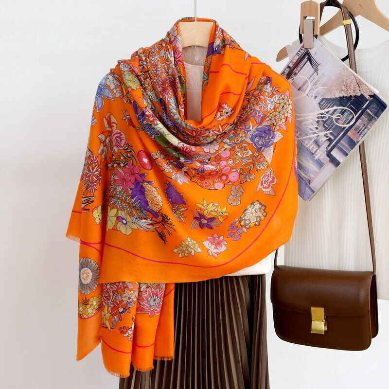 Vintage Floral Print Pure Cashmere Ring Scarf Wrap Shawl Soft Delicate 78x39