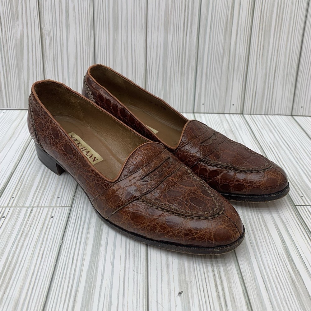 Cole Haan Genuine Caiman Crocodile Brown Loafer Slip On Shoes 7.5 N