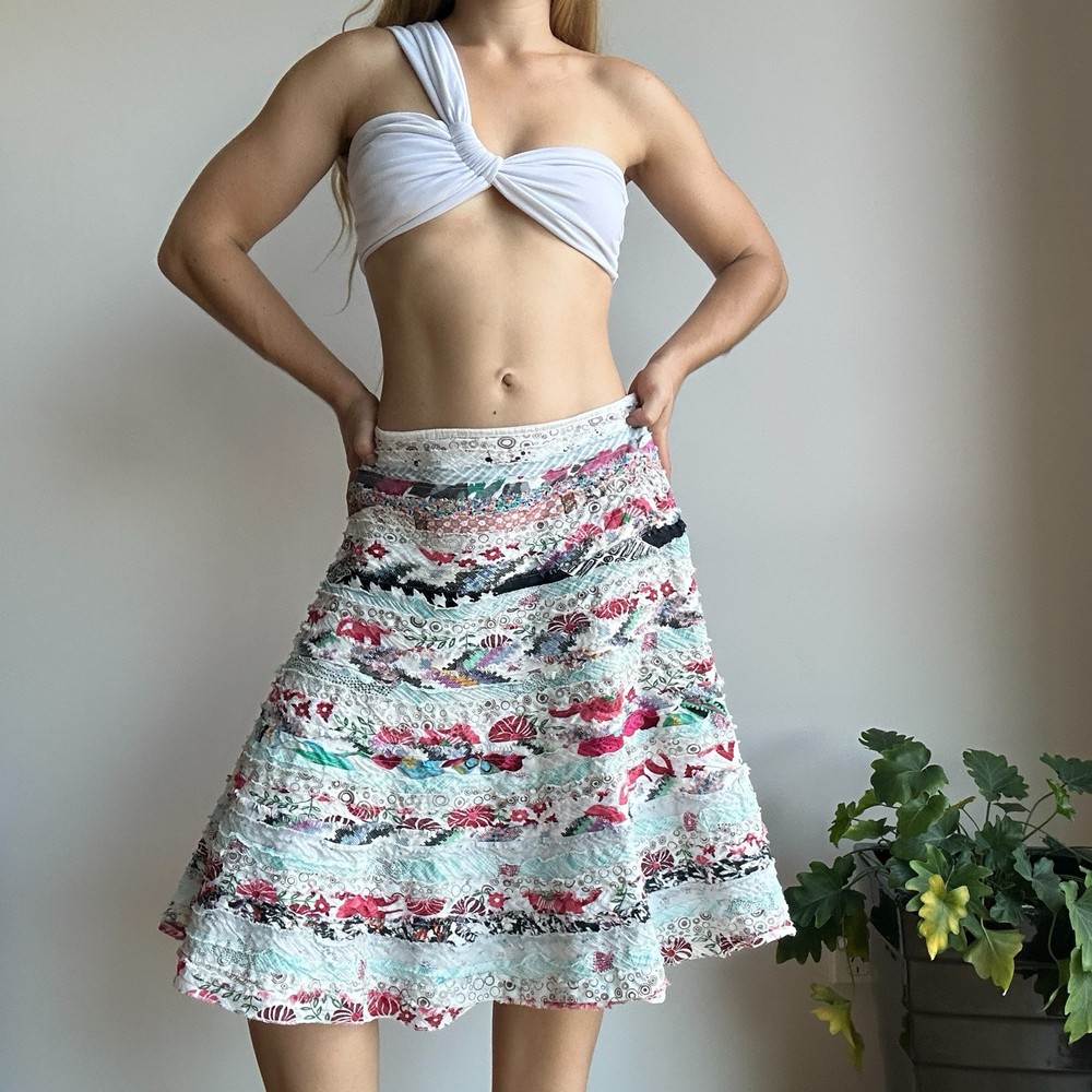 Women's Textured Multicolor Frayed Block Pattern Midi Skirt Large