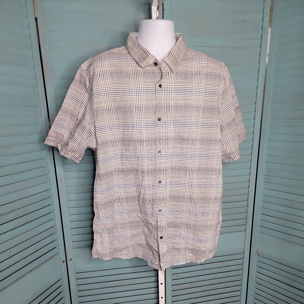 Alfani Button Up Blue, White, Beige Plaid Collared Shirt ~ Sz XXL ~ Short Sleeve