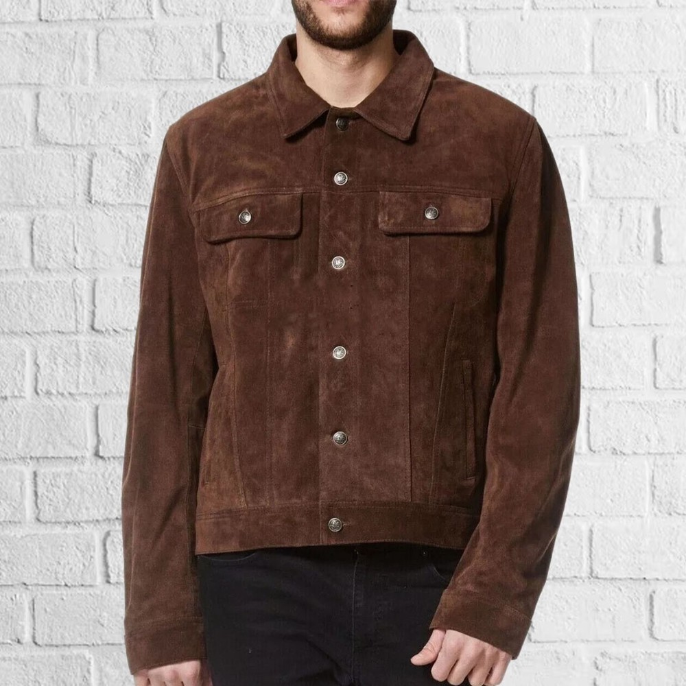 Men's 100% Leather Biker Jacket Brown Sheepskin Suede Collared Coat