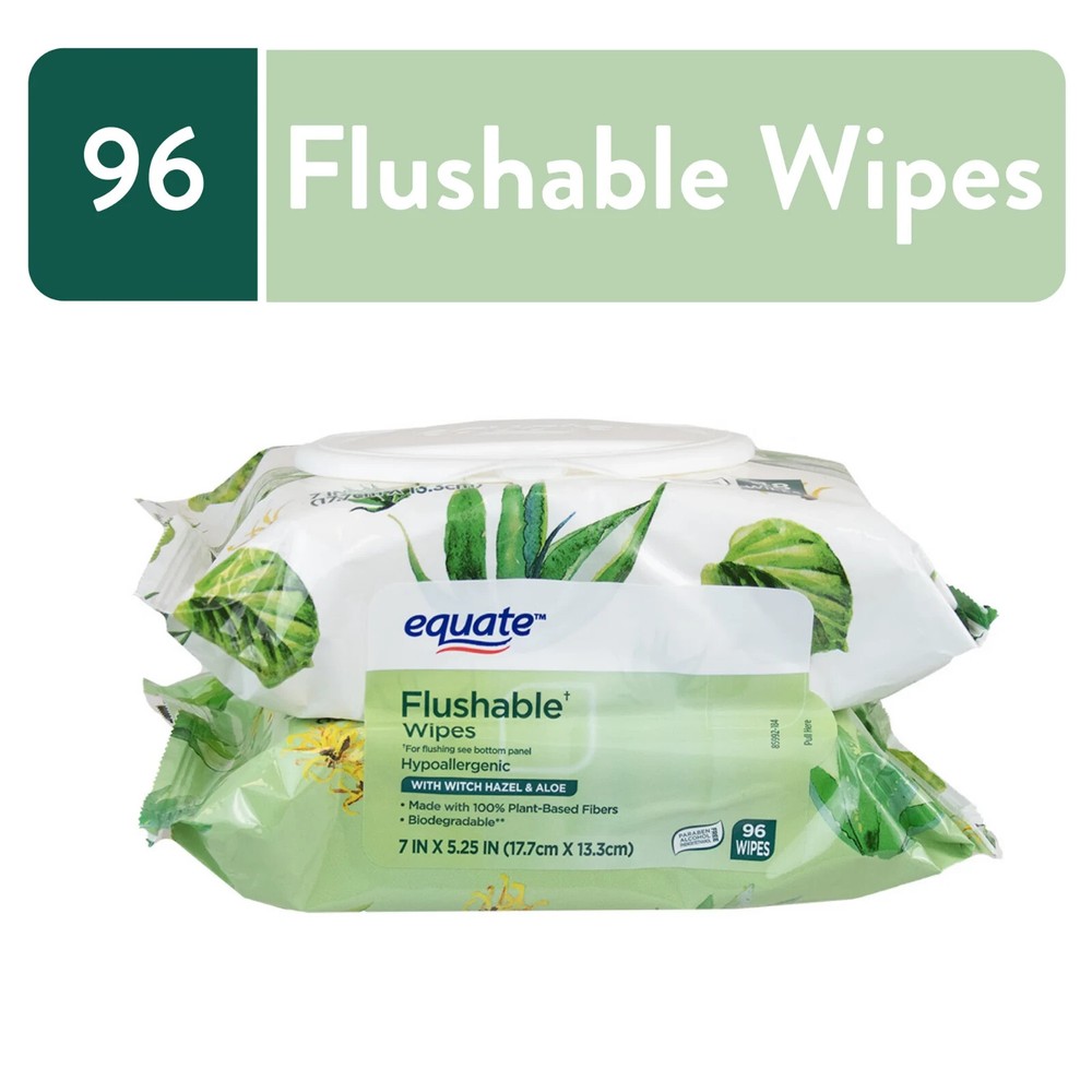 Equate Witch Hazel and Aloe Scent Flushable Wipes, 2 Flip-Top Packs 96 Wipes...