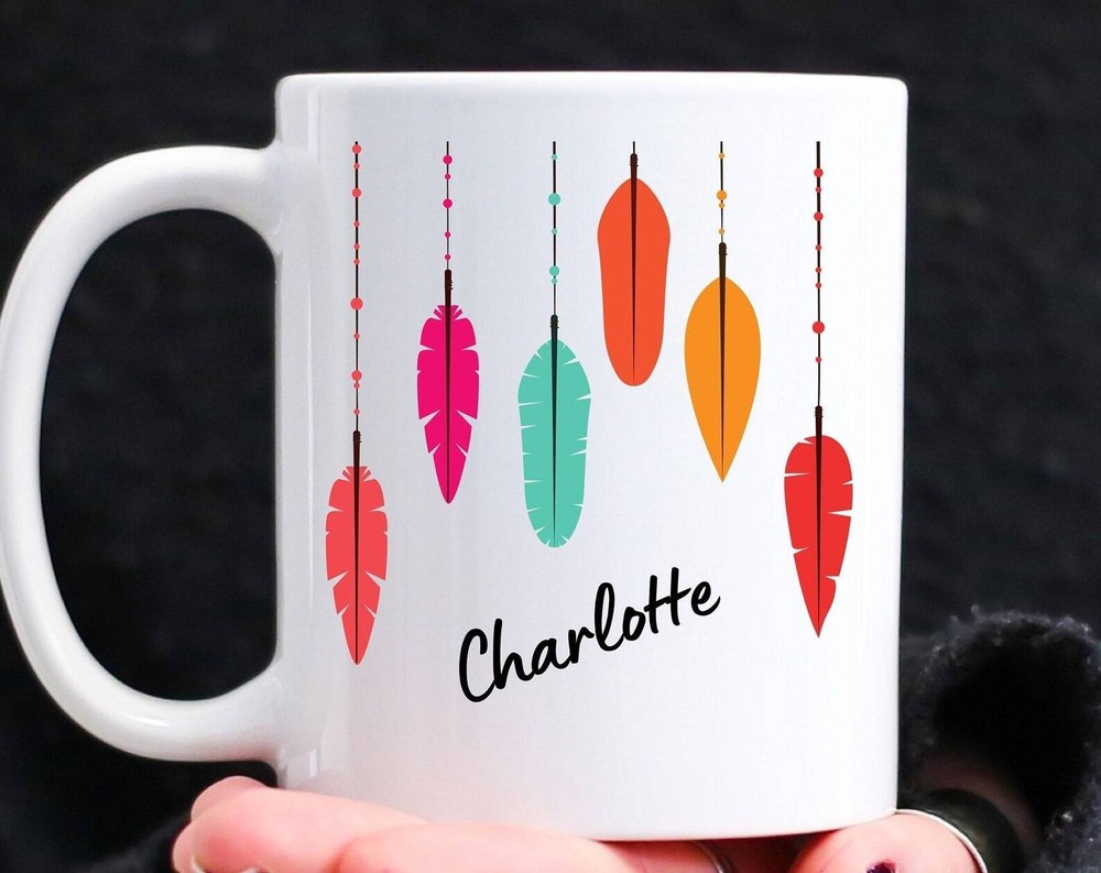 Boho Personalized Feather Coffee Mug - Unique Cute Ceramic Cup
