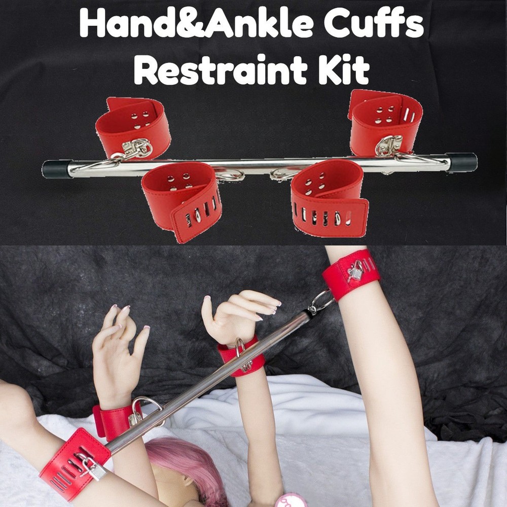 Metal Open Leg Bar PU Leather Handcuffs Ankle Cuffs Restraints Bondage Set BDSM