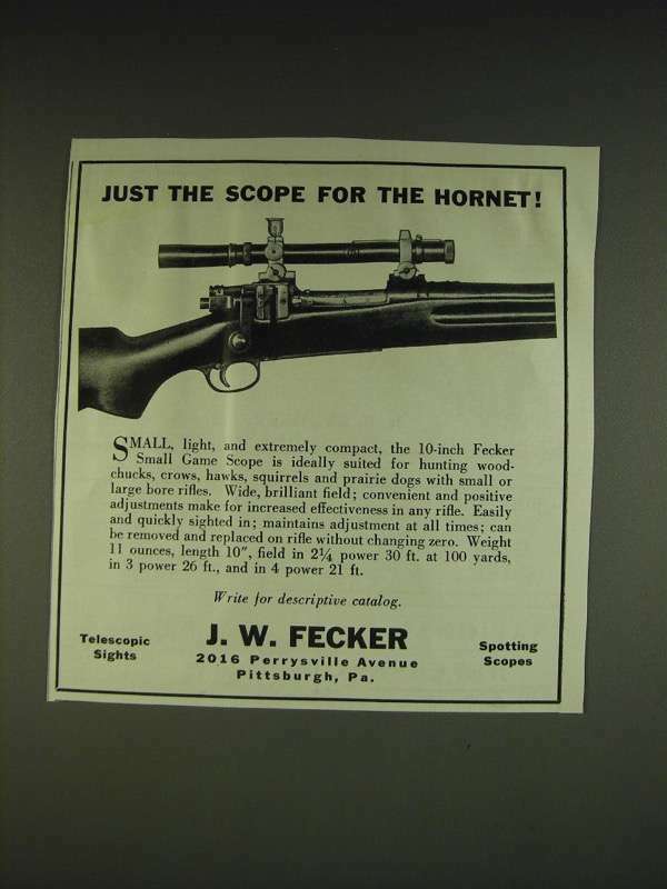 1934 J.W. Fecker Small Game Scope Ad - Just the scope for the hornet
