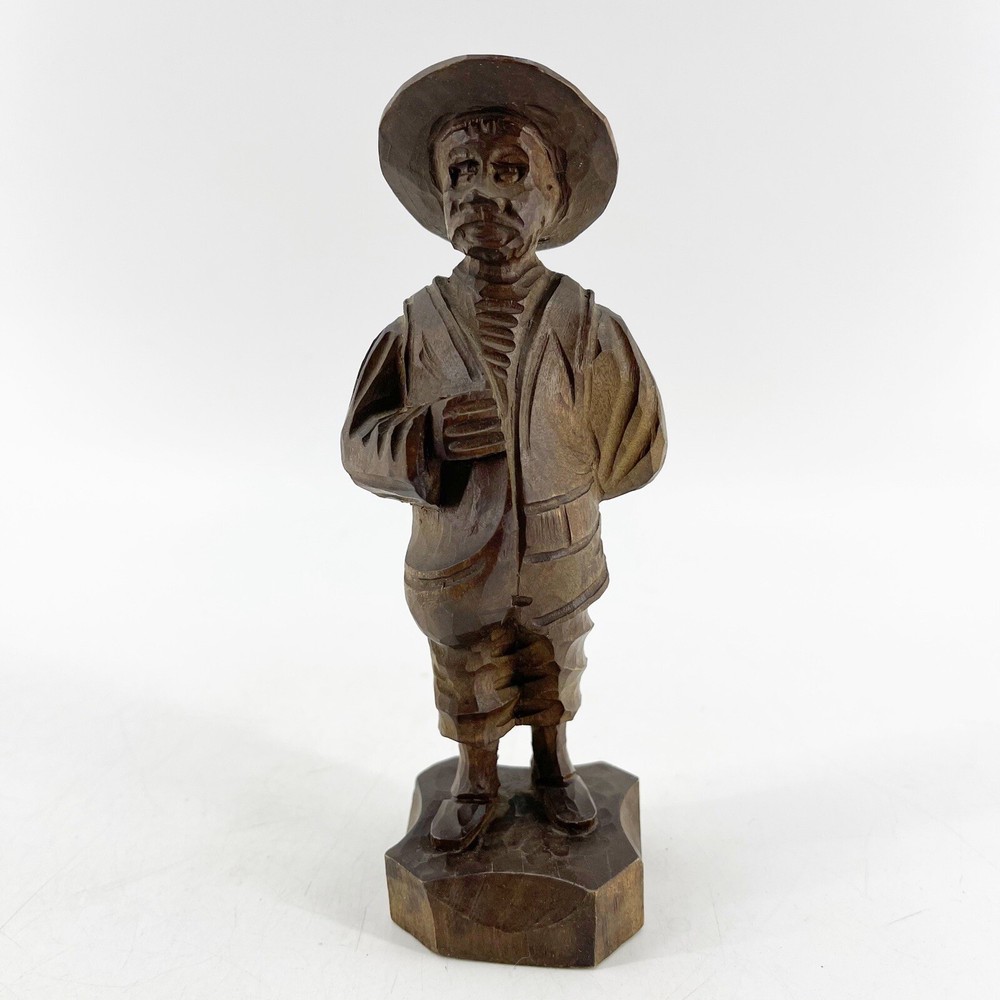 Vintage Wood Carved Wooden Bearded Old Man Hiker Gatherer in Hat Figurine 6 1/4