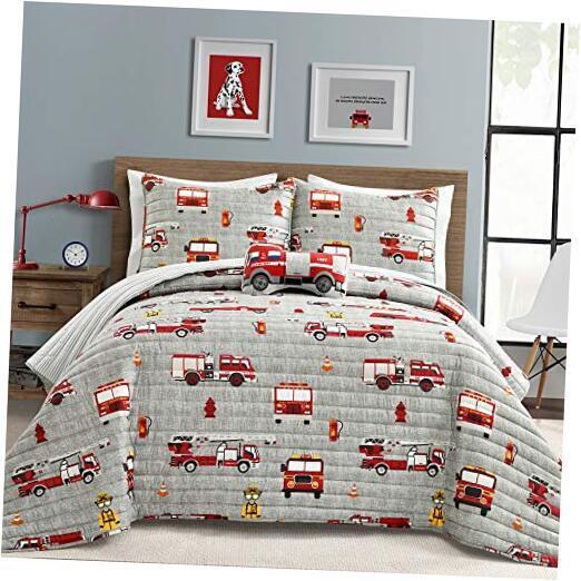 Fire Truck Quilt 4 Piece Set, Full/ Queen, Red & Gray  Full/Queen Red and Gray