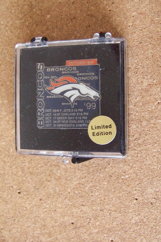 Denver Broncos October 1999 Schedule lapel pin NFL Jets Raiders Packers Vikings