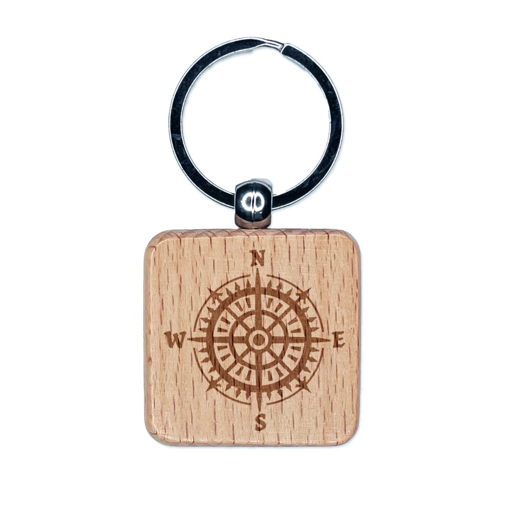 Nautical Compass Engraved Wood Square Keychain Tag Charm