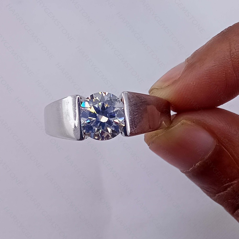 Round Cut Moissanite Tension Set Men's Ring in 14K White Gold