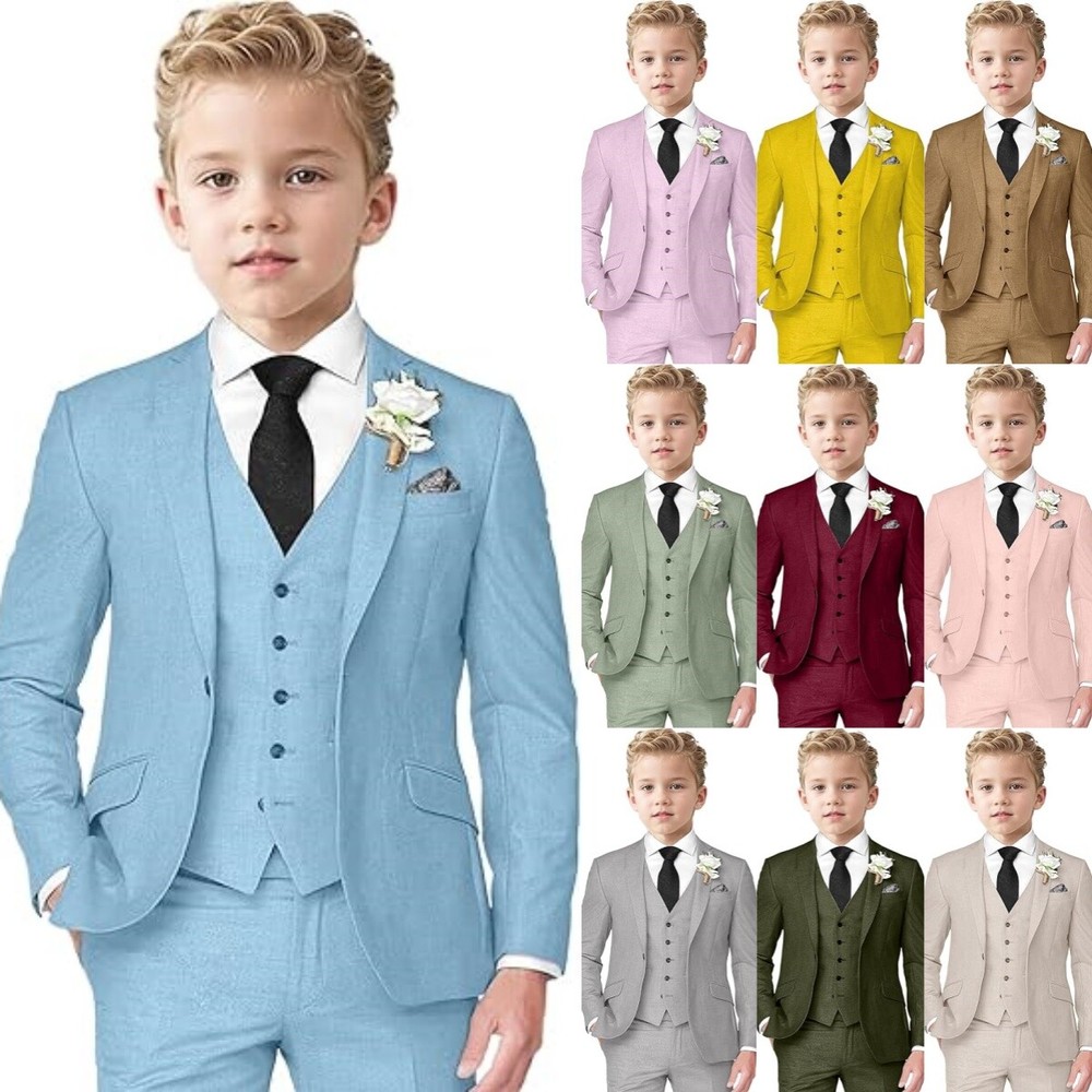 Boys Linen Suit 3 Piece Slim Fit Suits for Kids Formal Tuxedo Suits for Summer