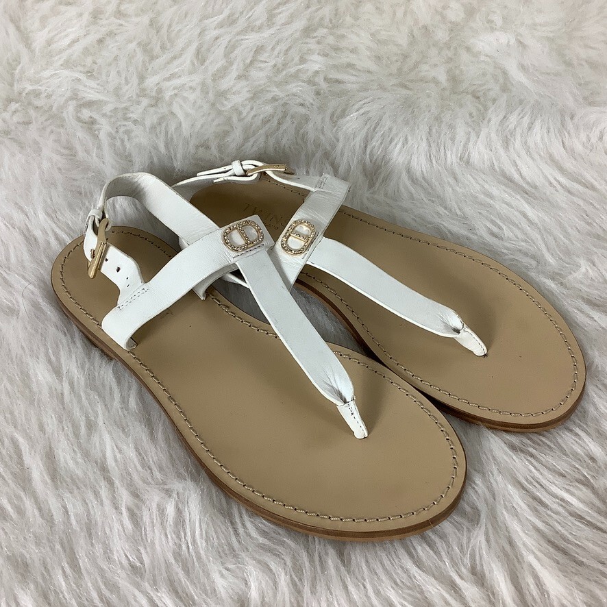 White Leather Twinset Sandals with Gold-Tone Crystal Logo - Size 39